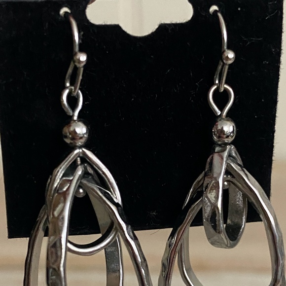 Triple  Intertwined Dangle Silver Tone Hammered Edge Hoops Earrings - Picture 2 of 3